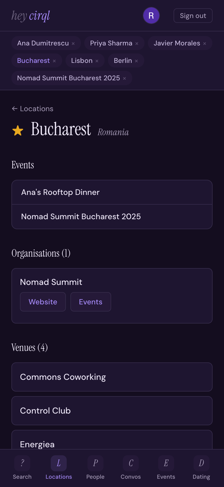 Bucharest city page showing connected people, venues, and events