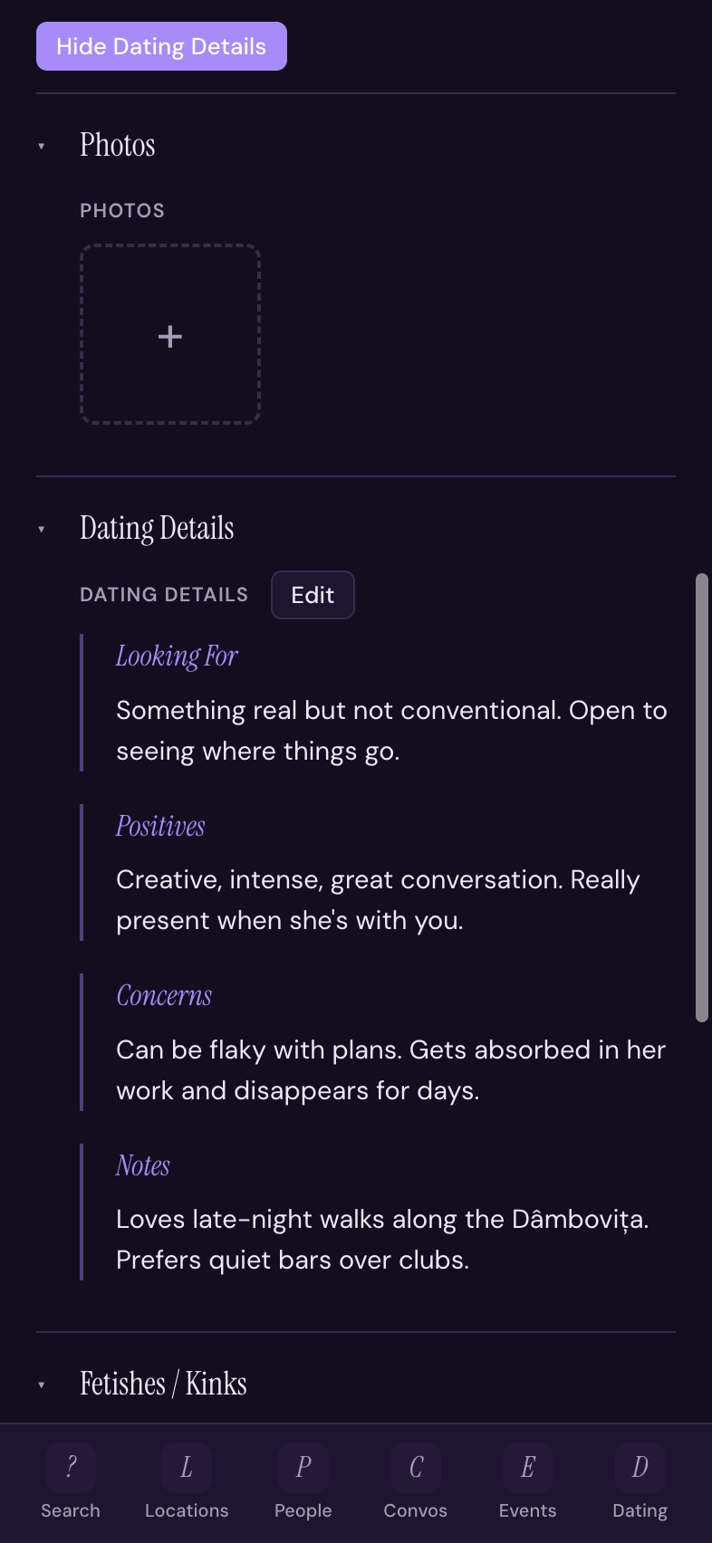 Person page with private dating and personality notes visible