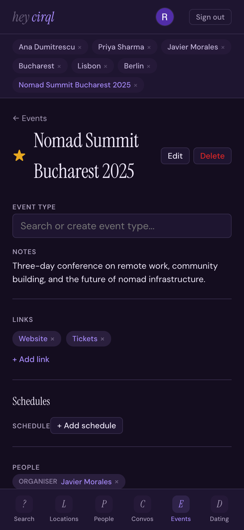 Event page showing a conference with list of attendees