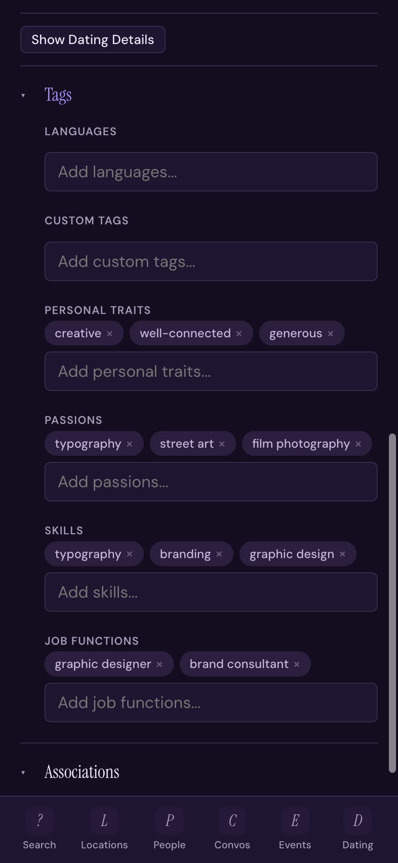 A person's profile, hand-curated with skills and notes