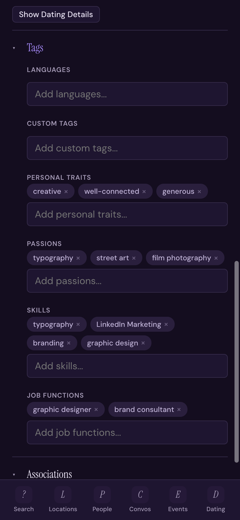 Adding skills and notes to a person with single-word chip entry