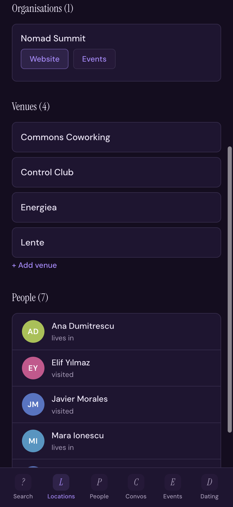 Venue list in a city with names, types, and website links